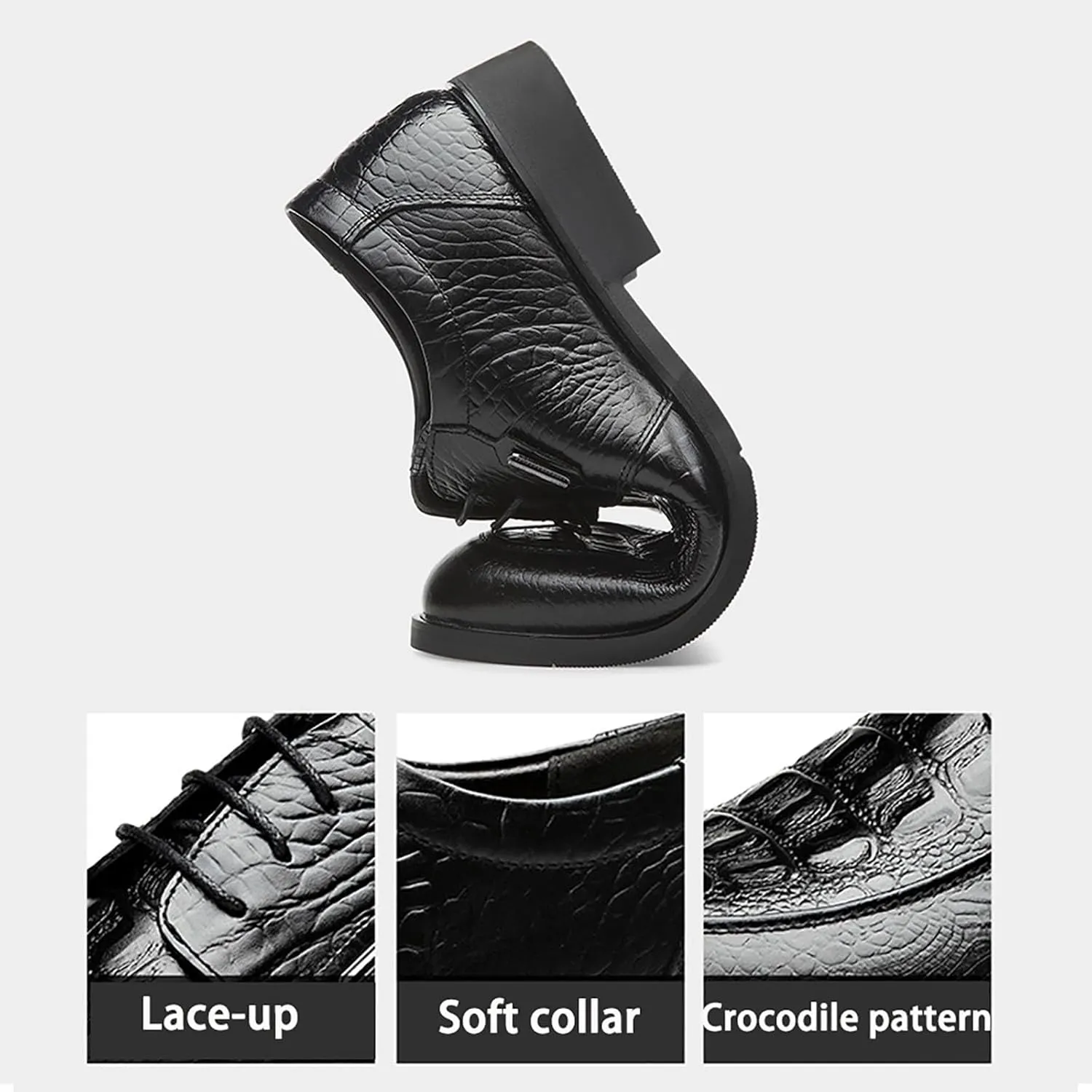 Men's Business Casual Shoes, Lace Up Crocodile Print Round Toe Leather Top Layer Cow Leather Resistant Non Slip Rubber Sole Business Shoes