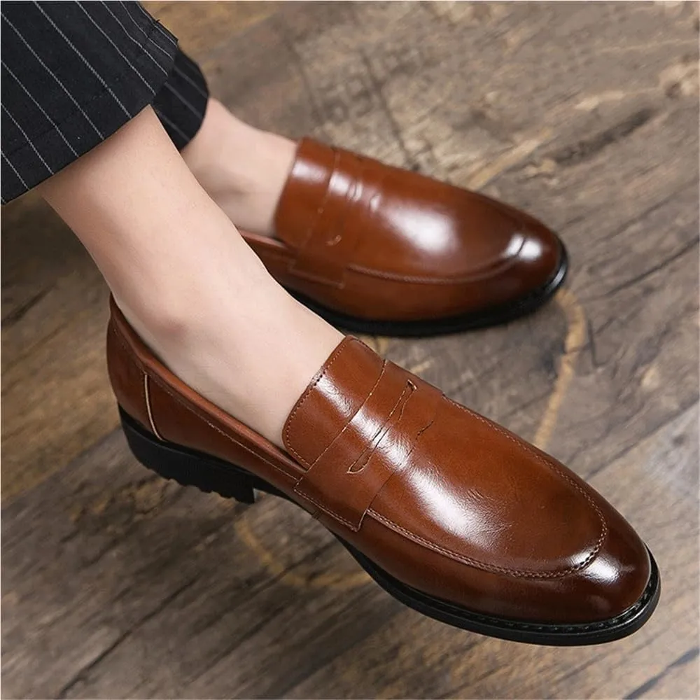 Mens Classic Retro Leather Slip On Dress Shoes Business Office Wedding Outdoor Driving Flats Dark Brown