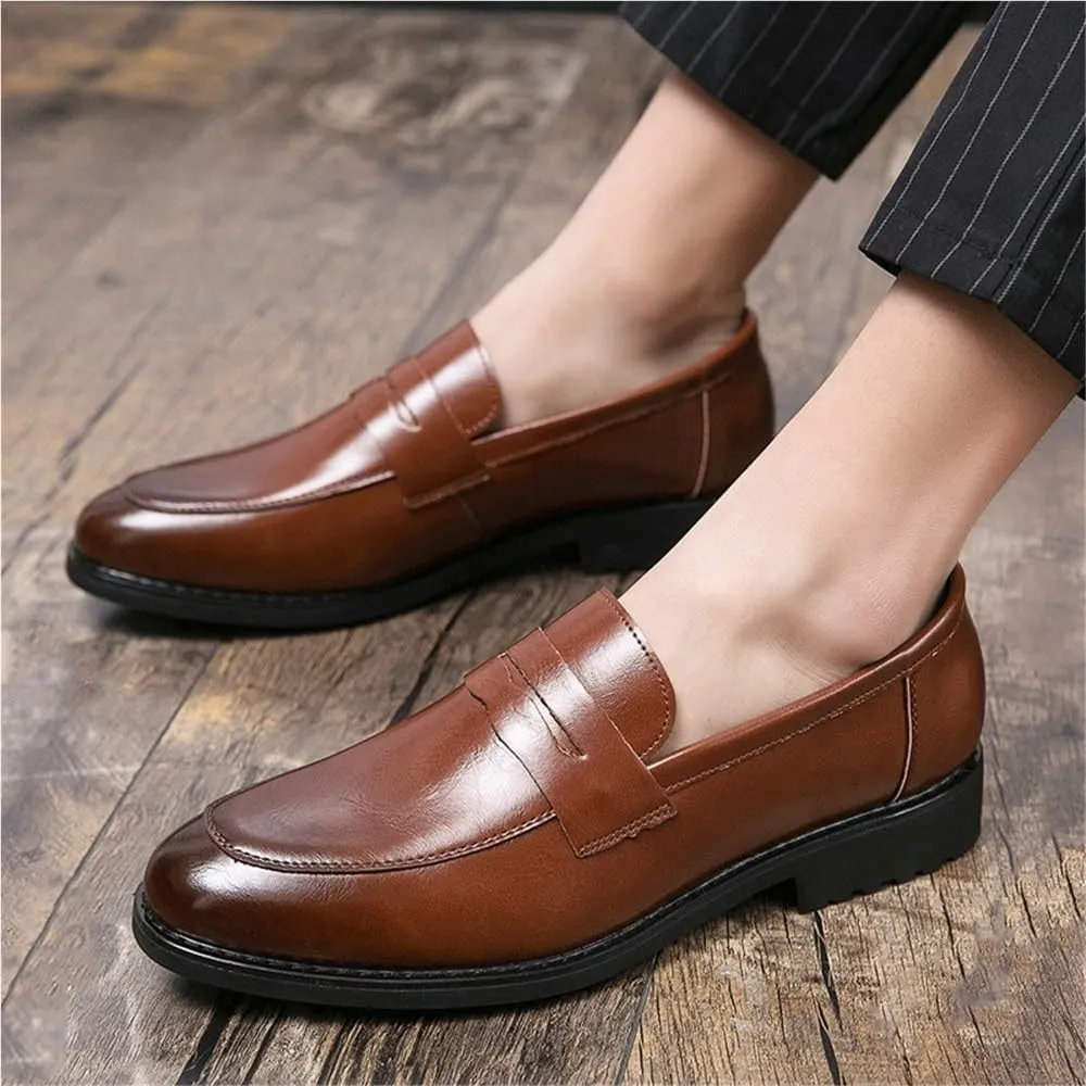 Mens Classic Retro Leather Slip On Dress Shoes Business Office Wedding Outdoor Driving Flats Dark Brown