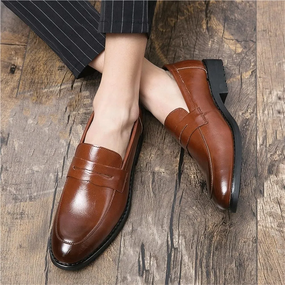 Mens Classic Retro Leather Slip On Dress Shoes Business Office Wedding Outdoor Driving Flats Dark Brown