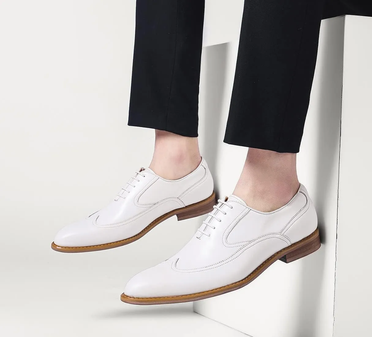 Men's Dress Shoes Formal Leather Wingtip Oxford Shoes for Men White