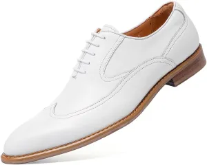 Men's Dress Shoes Formal Leather Wingtip Oxford Shoes for Men White