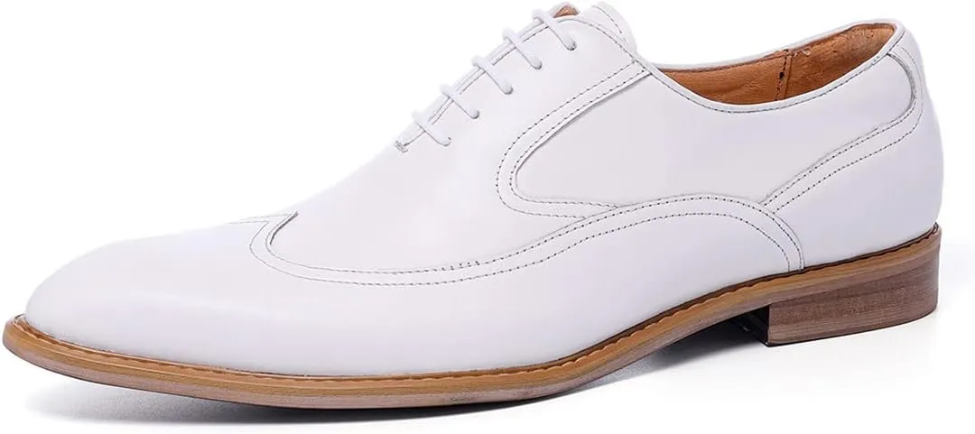 Men's Dress Shoes Formal Leather Wingtip Oxford Shoes for Men White