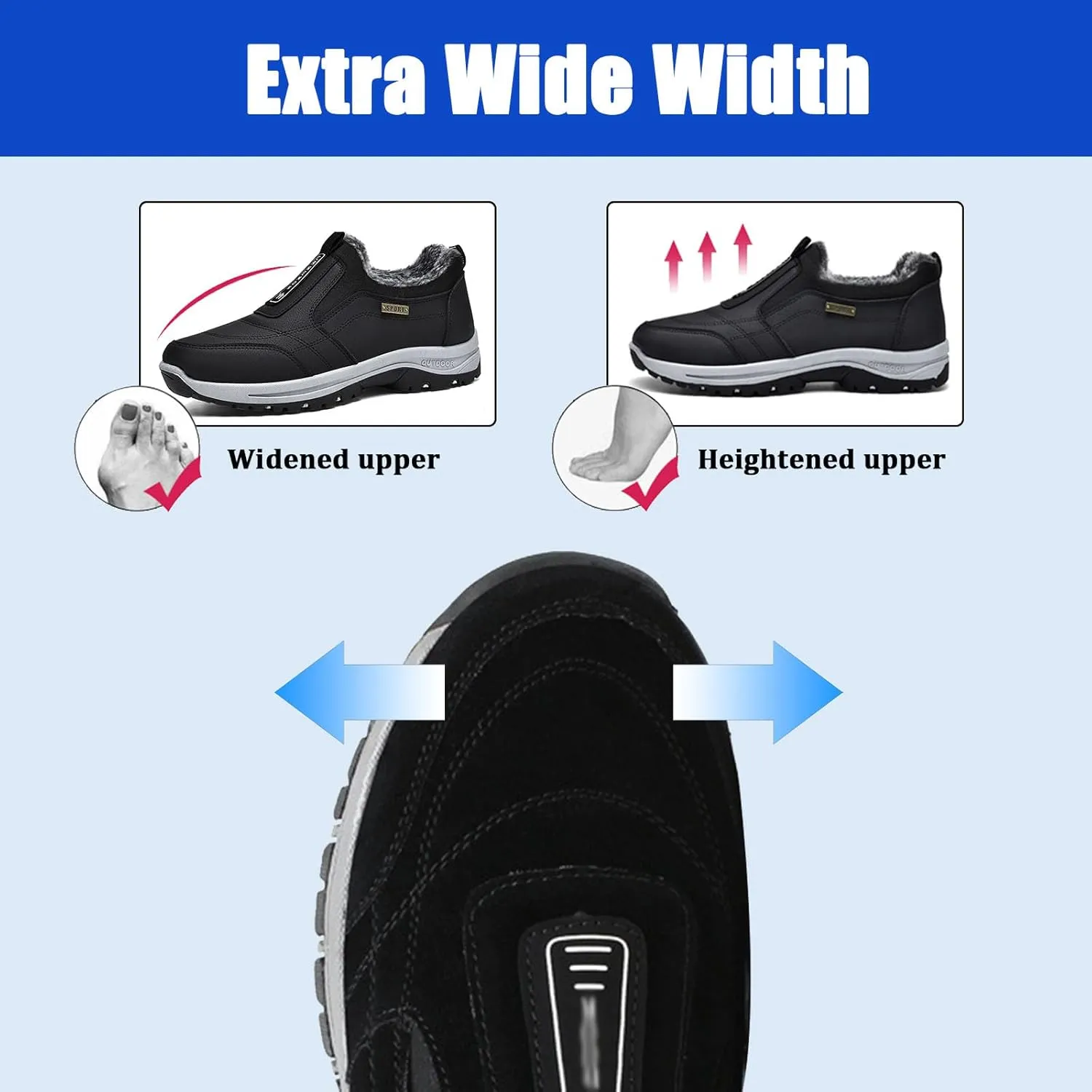Men's Extra Wide Slip On Shoes,Winter Outdoor Hiking Trekking Orthopedic Trainers Waterproof Work Shoes Extra Wide Anti Slip Climbing Trails Shoes,Grey,41EU