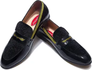 Men's Fashion Formal Leather Loafers and Wedding Dress Shoes for Men with Yellow Plaid, Penny Slip-On Smoking Luxury Men Shoes (Black)