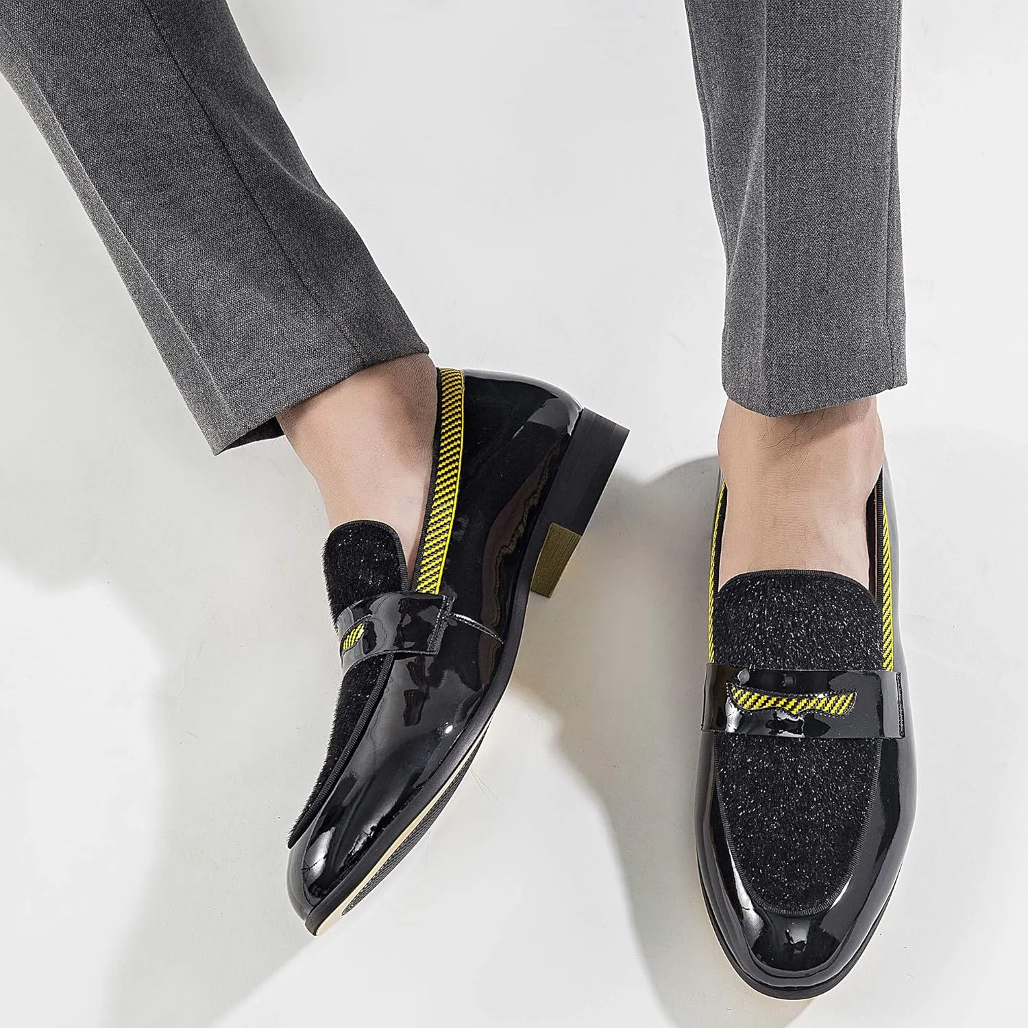 Men's Fashion Formal Leather Loafers and Wedding Dress Shoes for Men with Yellow Plaid, Penny Slip-On Smoking Luxury Men Shoes (Black)