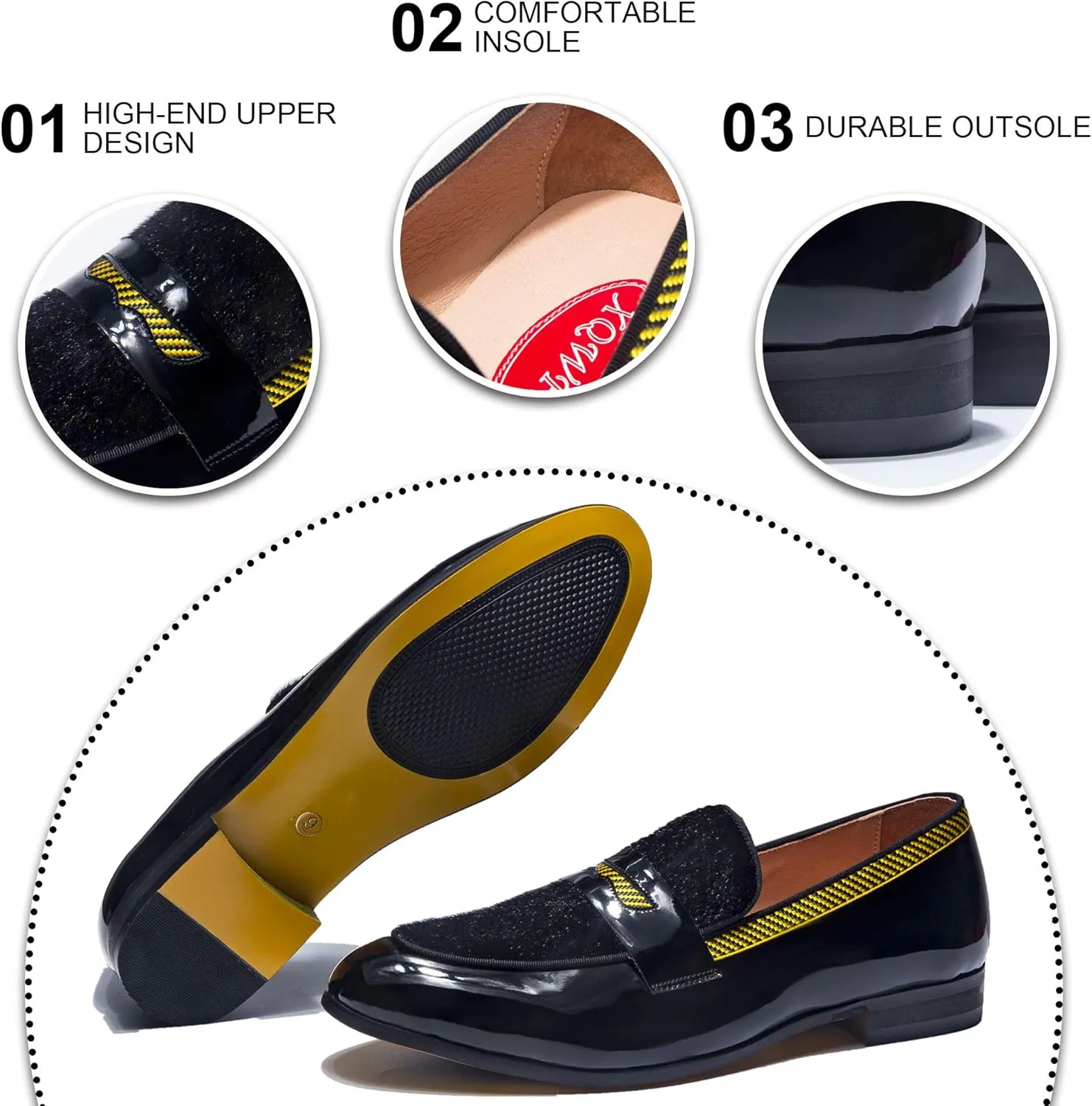 Men's Fashion Formal Leather Loafers and Wedding Dress Shoes for Men with Yellow Plaid, Penny Slip-On Smoking Luxury Men Shoes (Black)