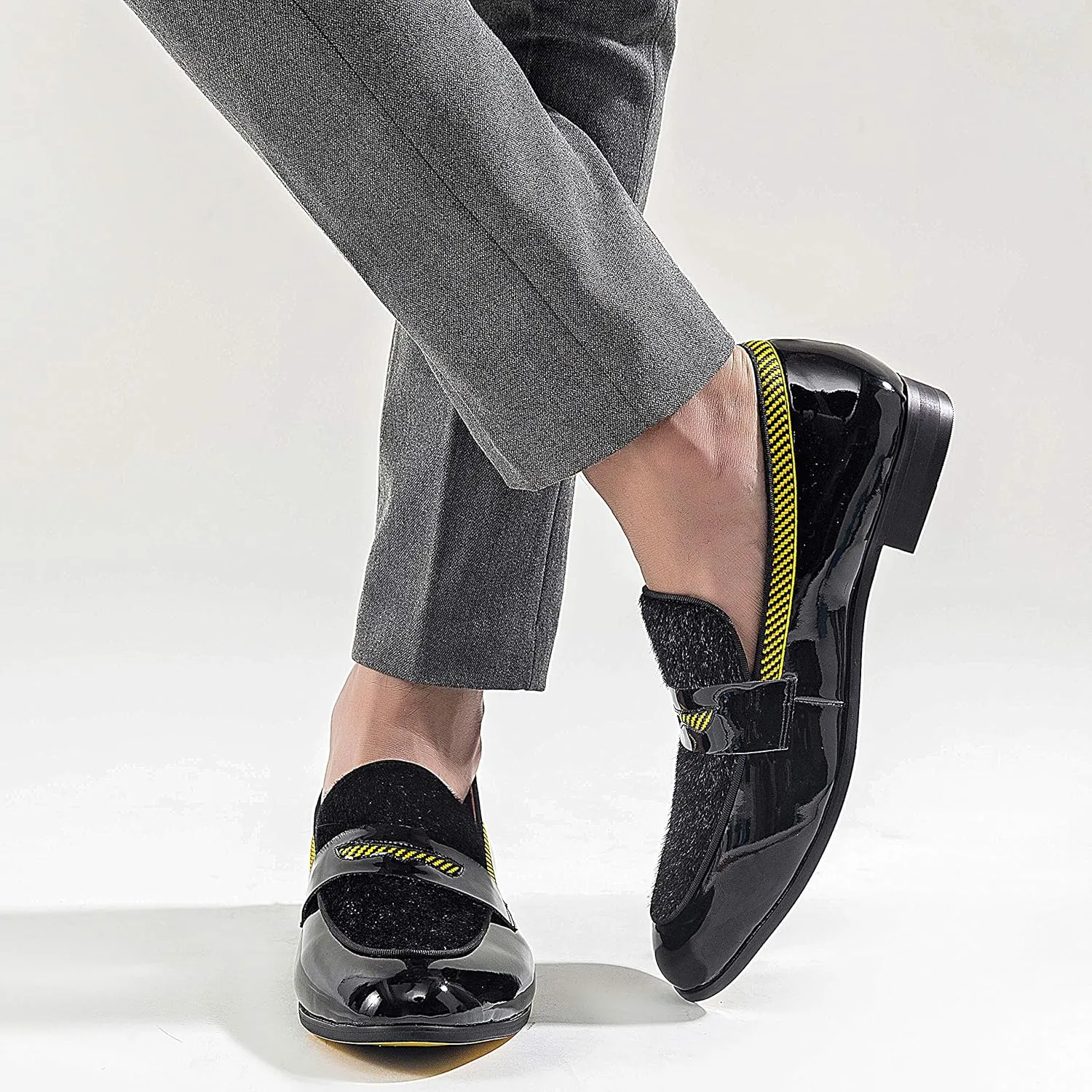 Men's Fashion Formal Leather Loafers and Wedding Dress Shoes for Men with Yellow Plaid, Penny Slip-On Smoking Luxury Men Shoes (Black)