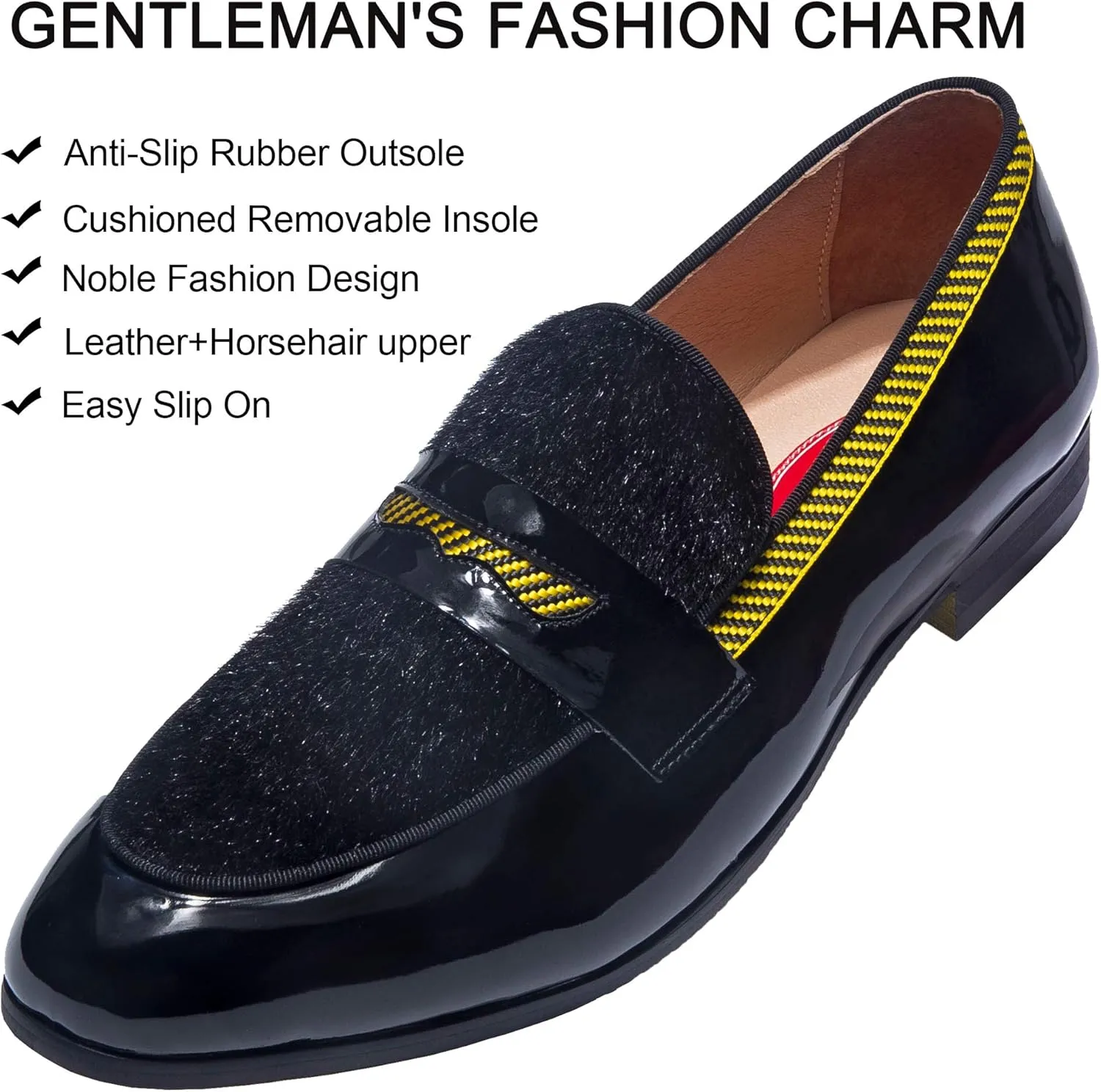 Men's Fashion Formal Leather Loafers and Wedding Dress Shoes for Men with Yellow Plaid, Penny Slip-On Smoking Luxury Men Shoes (Black)