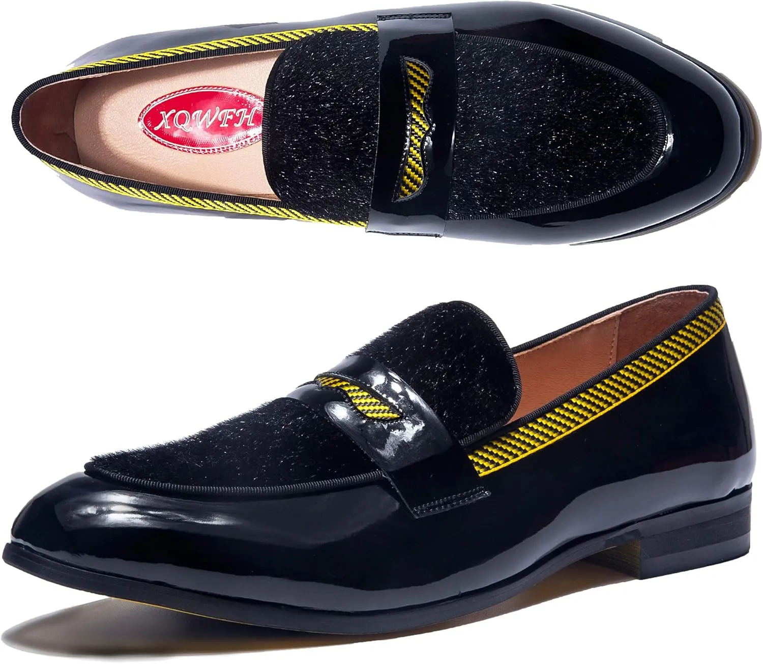 Men's Fashion Formal Leather Loafers and Wedding Dress Shoes for Men with Yellow Plaid, Penny Slip-On Smoking Luxury Men Shoes (Black)