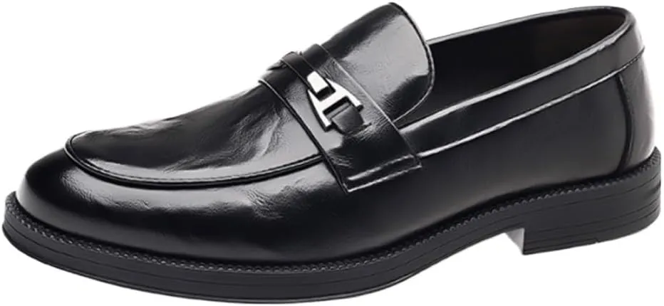 Men's Formal Leather Shoes, Slip-On Pointed Toe, Burnished Toe, Non-Slip Block Heel, Low Top Business Dress Shoes, Comfortable & Stylish