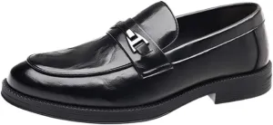 Men's Formal Leather Shoes, Slip-On Pointed Toe, Burnished Toe, Non-Slip Block Heel, Low Top Business Dress Shoes, Comfortable & Stylish