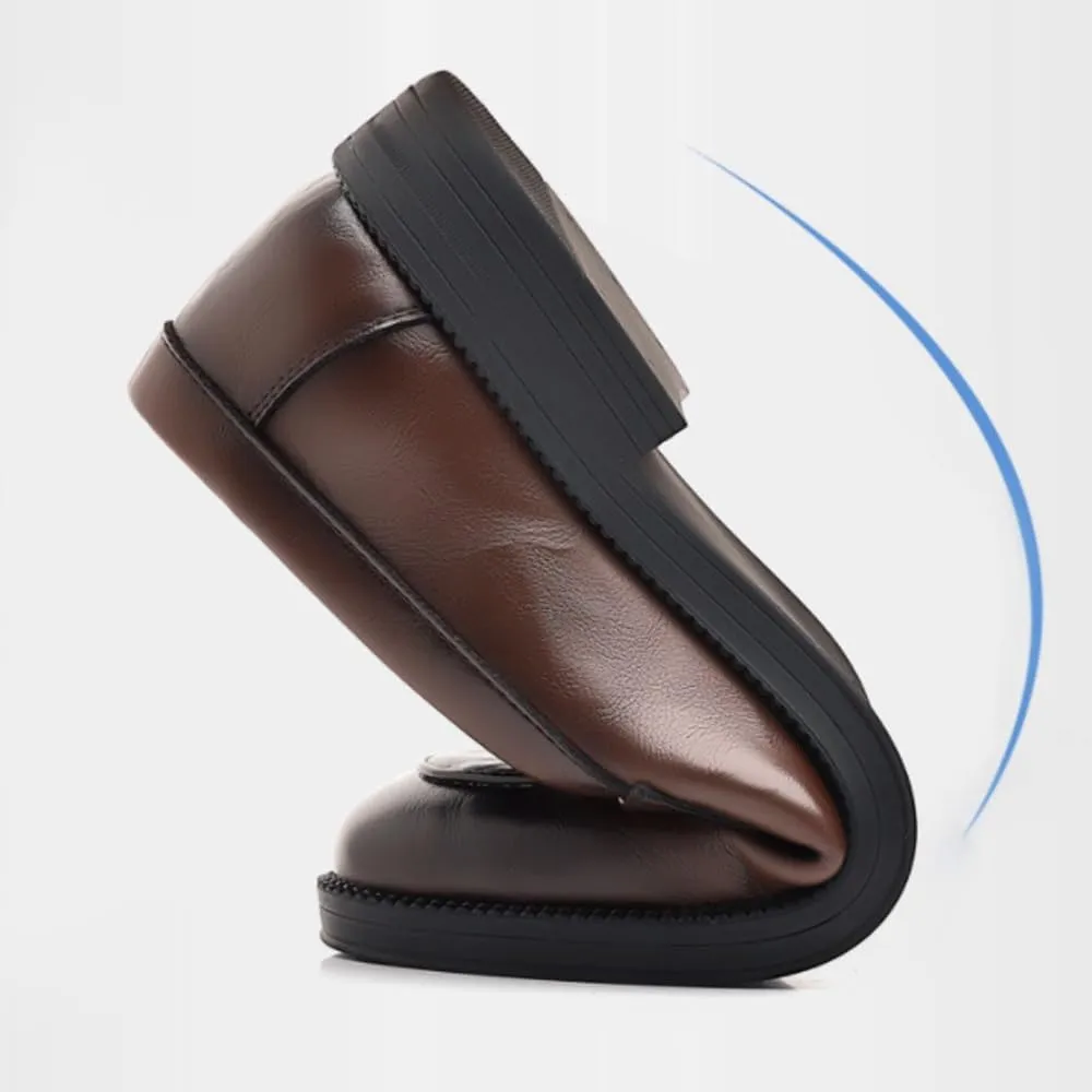 Men's Formal Leather Shoes, Slip-On Pointed Toe, Burnished Toe, Non-Slip Block Heel, Low Top Business Dress Shoes, Comfortable & Stylish