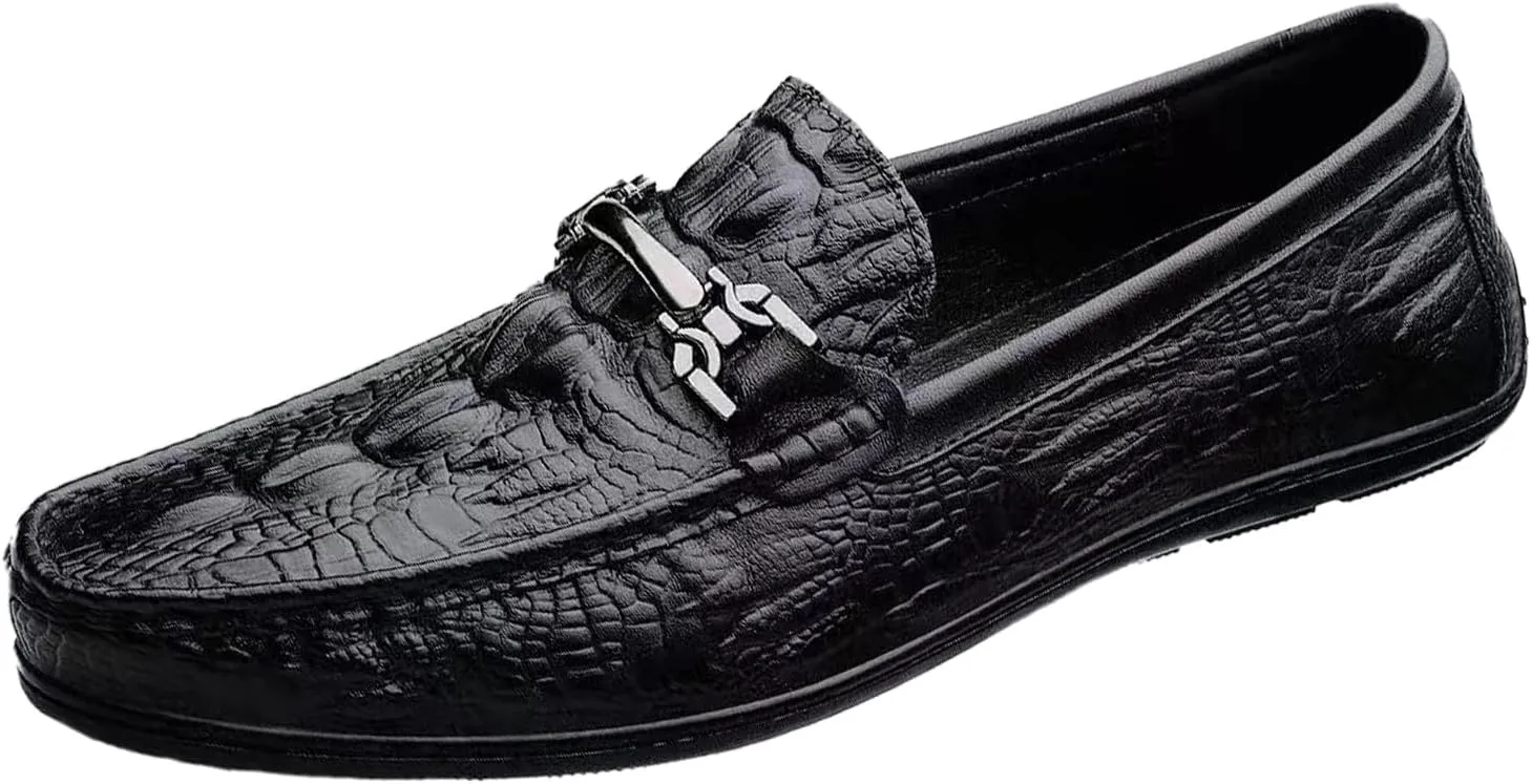 Men's Genuine Leather Loafers - Alligator Print Slip-On Dress Shoes with Anti-Slip Sole Round Toe Comfort for Business Casual Driving or Daily Wear