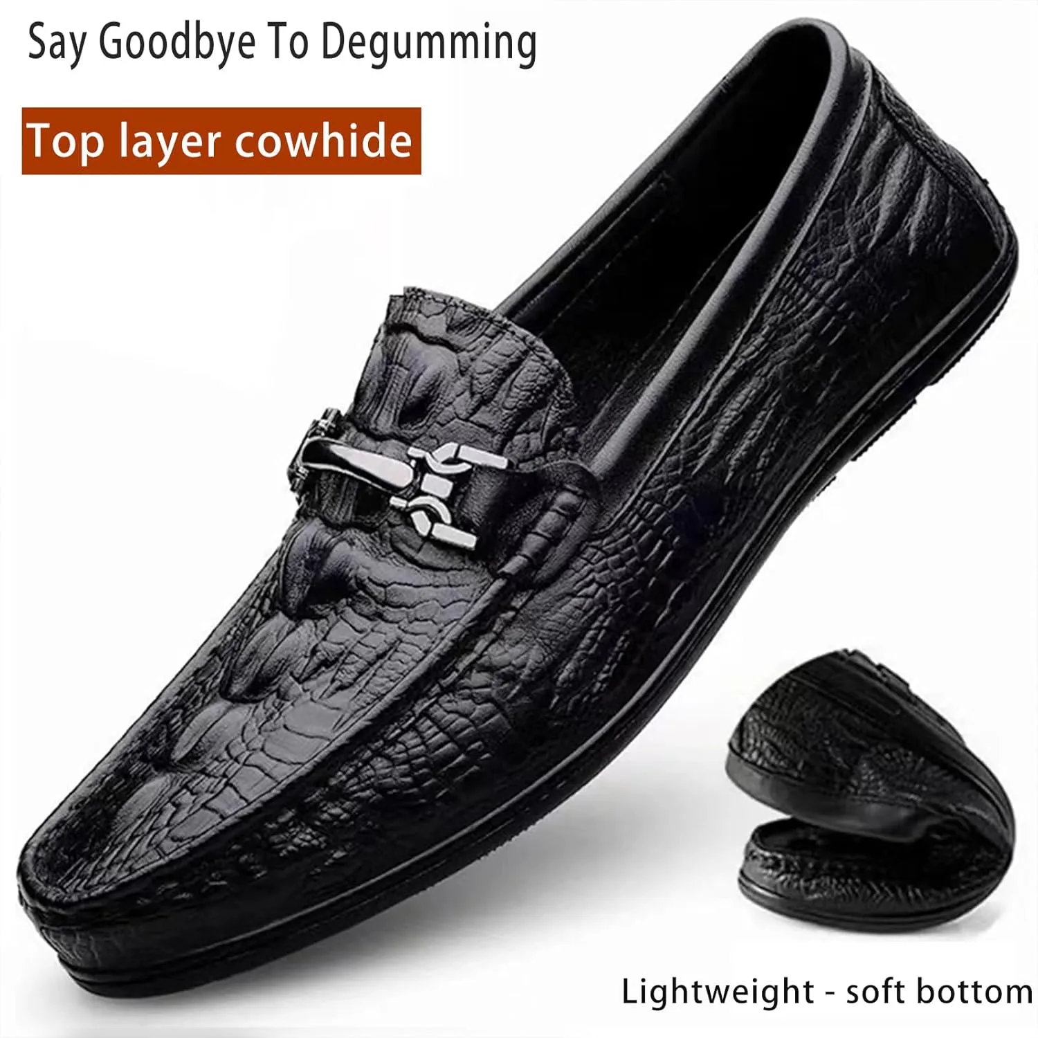 Men's Genuine Leather Loafers - Alligator Print Slip-On Dress Shoes with Anti-Slip Sole Round Toe Comfort for Business Casual Driving or Daily Wear
