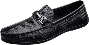 Men's Genuine Leather Loafers - Alligator Print Slip-On Dress Shoes with Anti-Slip Sole Round Toe Comfort for Business Casual Driving or Daily Wear