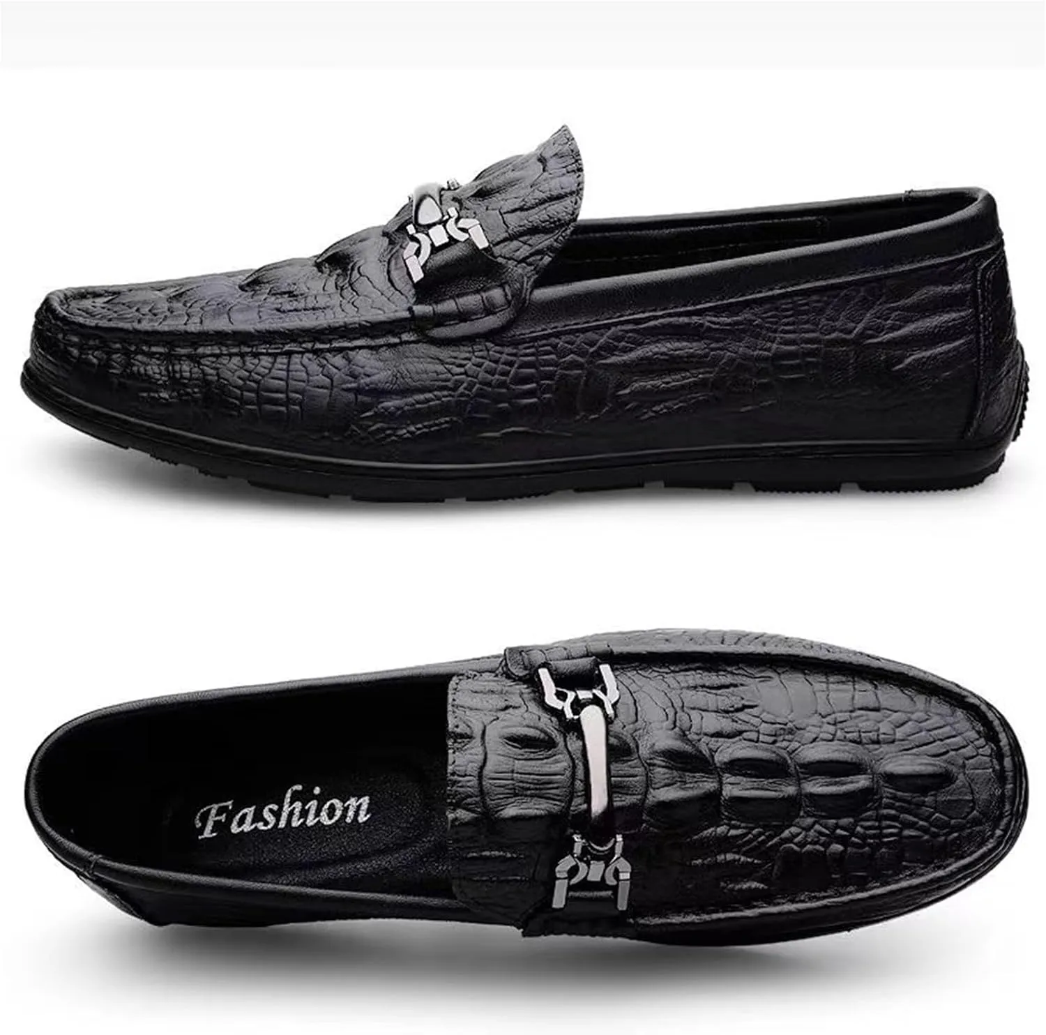 Men's Genuine Leather Loafers - Alligator Print Slip-On Dress Shoes with Anti-Slip Sole Round Toe Comfort for Business Casual Driving or Daily Wear