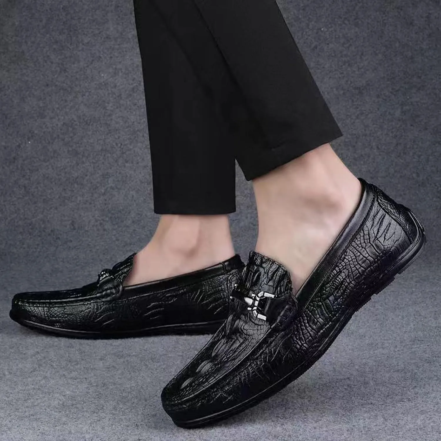 Men's Genuine Leather Loafers - Alligator Print Slip-On Dress Shoes with Anti-Slip Sole Round Toe Comfort for Business Casual Driving or Daily Wear