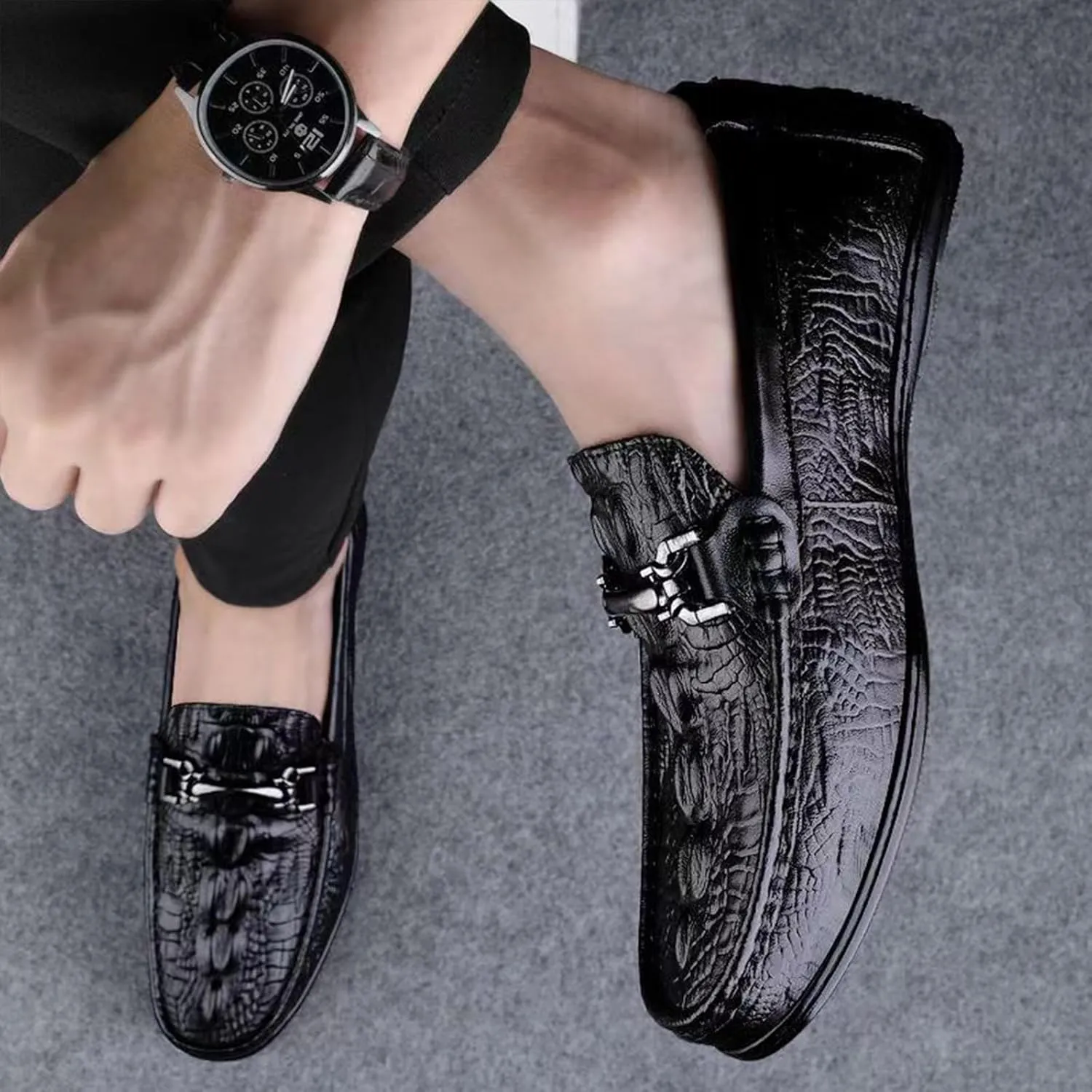 Men's Genuine Leather Loafers - Alligator Print Slip-On Dress Shoes with Anti-Slip Sole Round Toe Comfort for Business Casual Driving or Daily Wear
