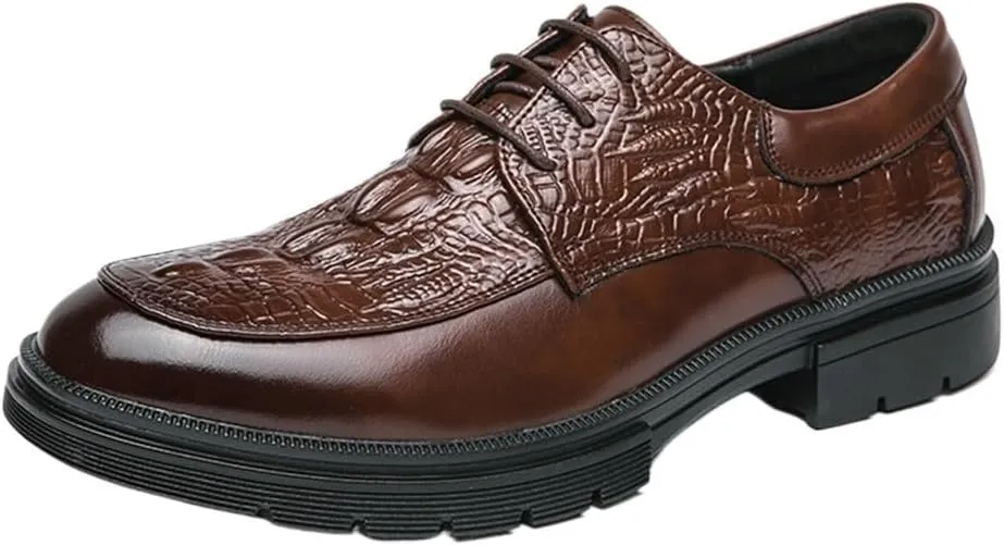 Men's Genuine Leather Oxford Dress Shoes, Crocodile Pattern Business Brogue Wingtip Formal Shoes, Comfortable Lace-Up Oxfords for Men