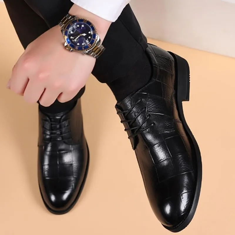 Men's Genuine Leather Oxford Shoes Men Business Casual Lace Up Dress Shoes Non-Slip Waterproof Chunky Heel Derby Shoes(8)