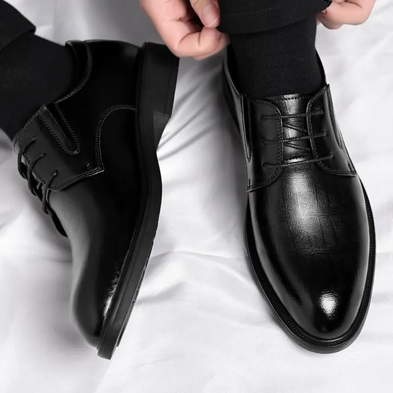 Men's Genuine Leather Oxford Shoes Waterproof Non-Slip Business Derby Shoes Men Block Mid-Heel Leather Shoes(6.5)