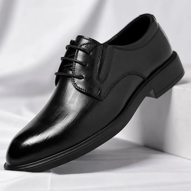 Men's Genuine Leather Oxford Shoes Waterproof Non-Slip Business Derby Shoes Men Block Mid-Heel Leather Shoes(6.5)