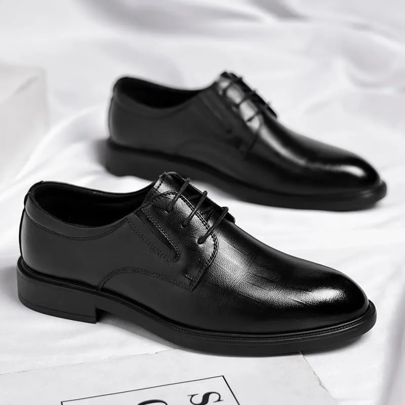 Men's Genuine Leather Oxford Shoes Waterproof Non-Slip Business Derby Shoes Men Block Mid-Heel Leather Shoes(6.5)