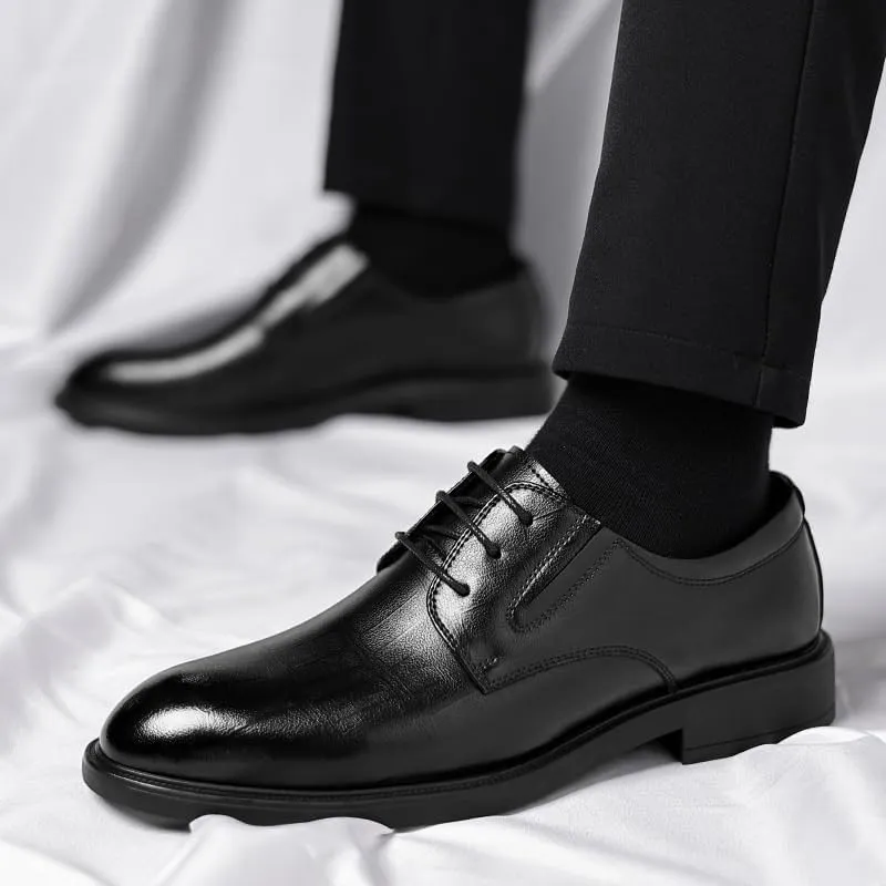 Men's Genuine Leather Oxford Shoes Waterproof Non-Slip Business Derby Shoes Men Block Mid-Heel Leather Shoes(6.5)