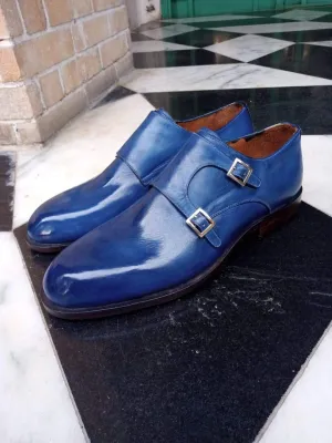 Men's Handmade Blue Patina Double Monk Dress Shoes, Custom Leather Formal Shoes.