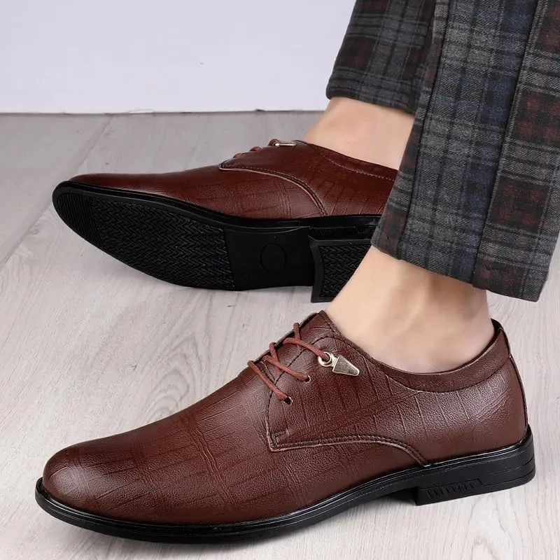 Men's Leather Lace Up Oxford Shoes Retro Pointed Toe Non-Slip Dress Shoes Casual Low Block Heel Business Work Office Penny Loafers Shoes(Brown,9)