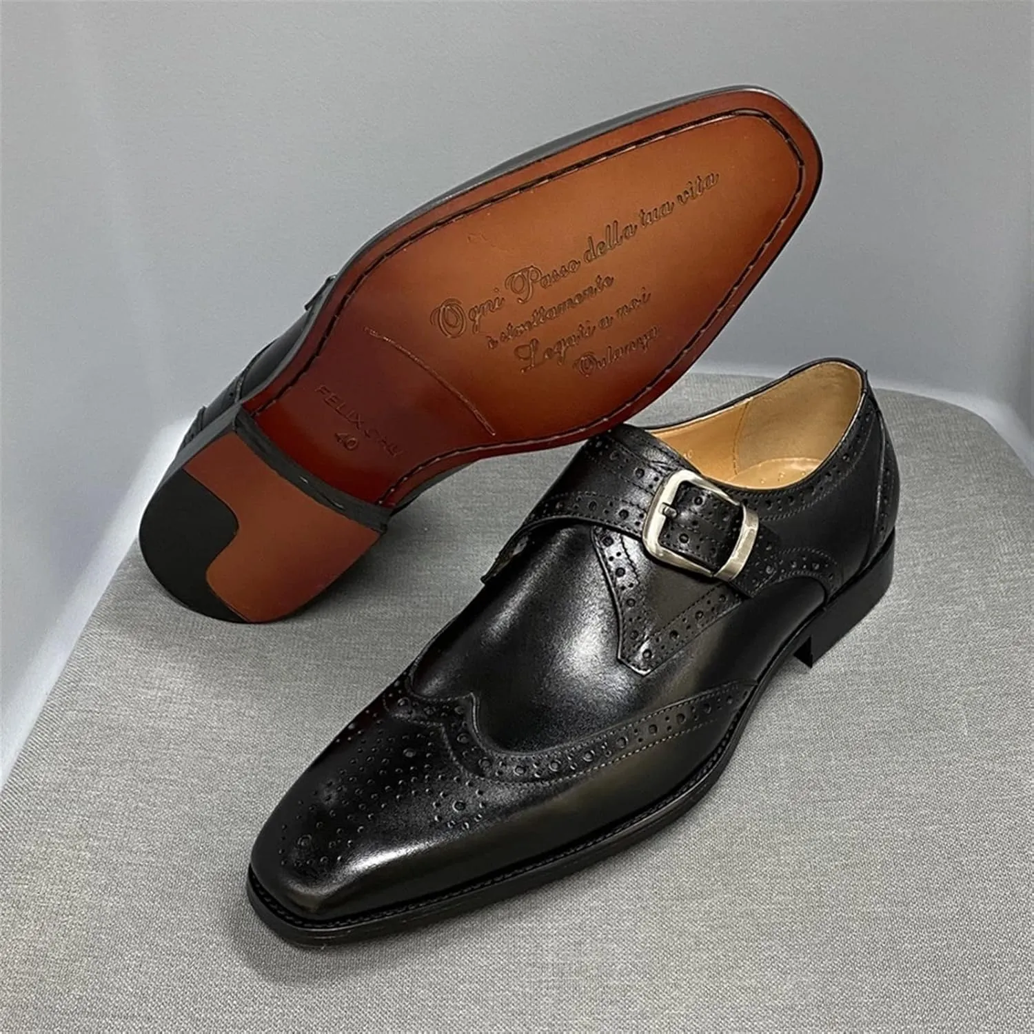 Men’s Leather Monk Strap Dress Shoes, Double Buckle, Brogue Perforated Pattern, Pointed Toe, Leather Sole