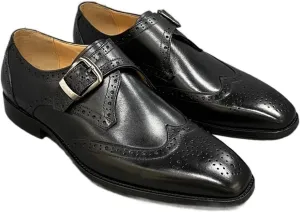 Men’s Leather Monk Strap Dress Shoes, Double Buckle, Brogue Perforated Pattern, Pointed Toe, Leather Sole