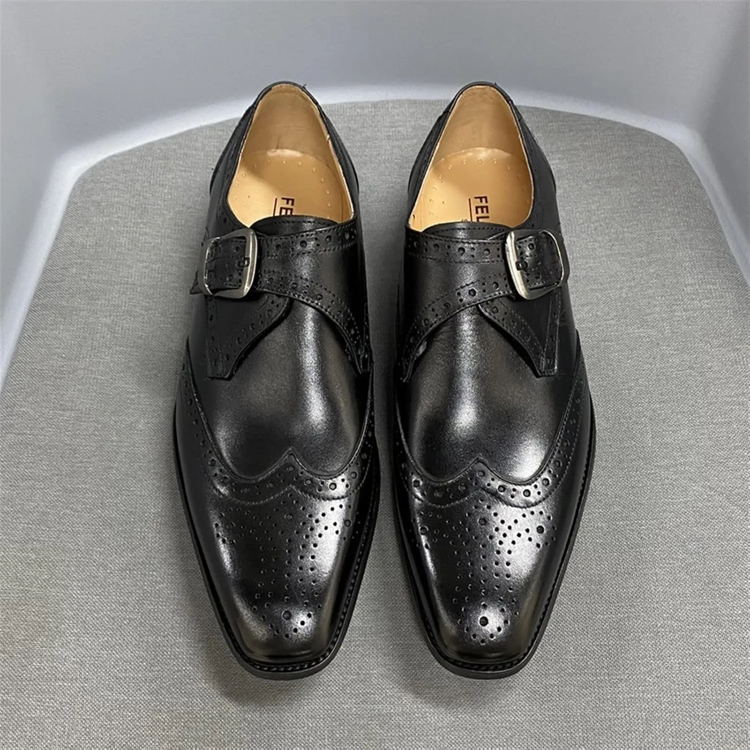 Men’s Leather Monk Strap Dress Shoes, Double Buckle, Brogue Perforated Pattern, Pointed Toe, Leather Sole