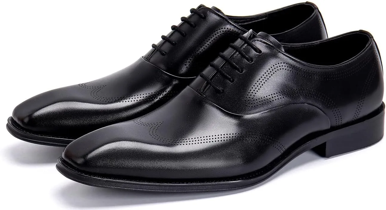 Men's Leather Oxford Dress Shoes - Classic Derby for Business & Weddings - Comfortable Lace-Up Formal Shoes for Suits & Tuxedos - Plain Toe Design