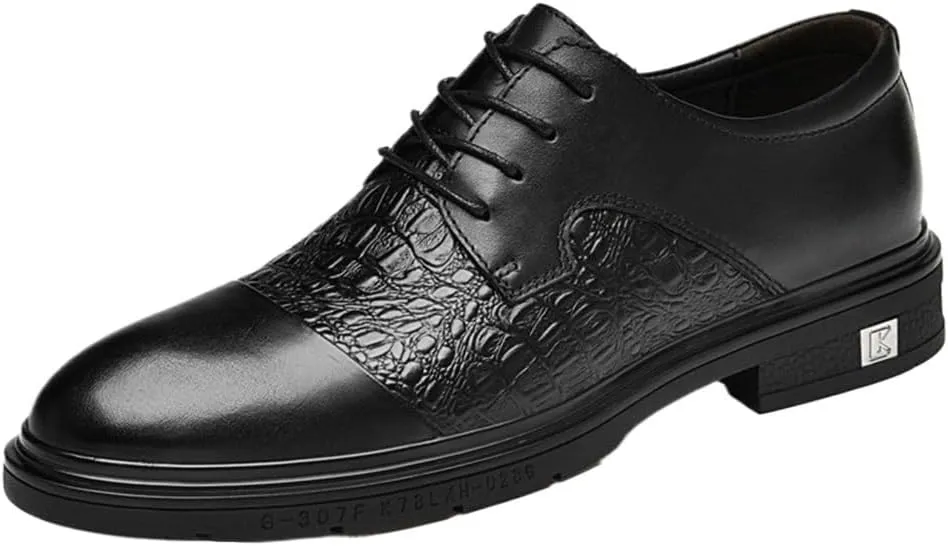 Men's Leather Oxford Shoes Lace-up Round Toe Crocodile Pattern Breathable Non-Slip Anti-Slip Low Top Block Heel Dress Shoes for Business, Prom, Wedding