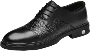 Men's Leather Oxford Shoes Lace-up Round Toe Crocodile Pattern Breathable Non-Slip Anti-Slip Low Top Block Heel Dress Shoes for Business, Prom, Wedding
