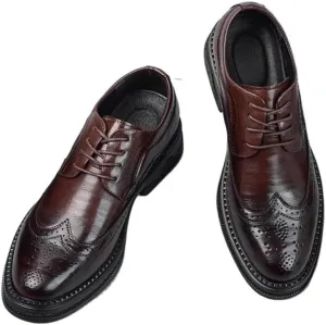 Men's Leather Platform Lace Up Dress Oxford Shoes Fashion Classic Carved Lace Up Low Heels Dress Shoes for Business & Formal