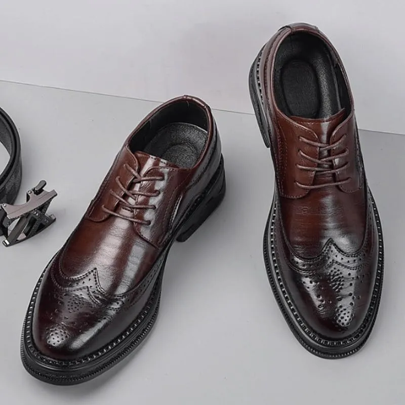 Men's Leather Platform Lace Up Dress Oxford Shoes Fashion Classic Carved Lace Up Low Heels Dress Shoes for Business & Formal