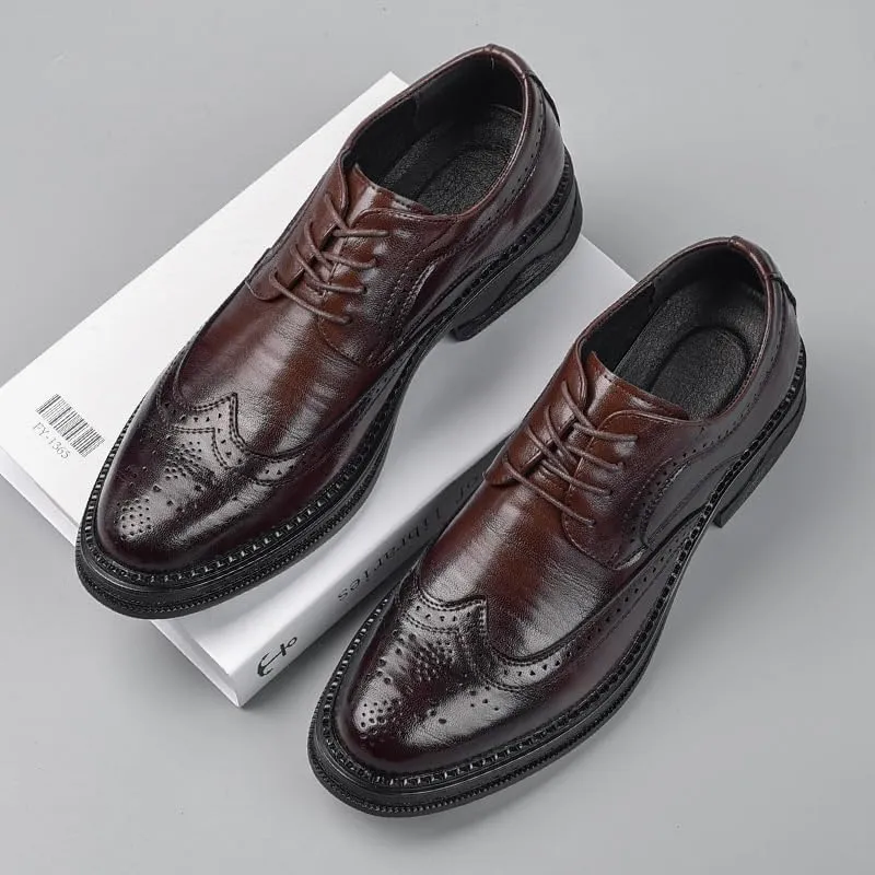 Men's Leather Platform Lace Up Dress Oxford Shoes Fashion Classic Carved Lace Up Low Heels Dress Shoes for Business & Formal