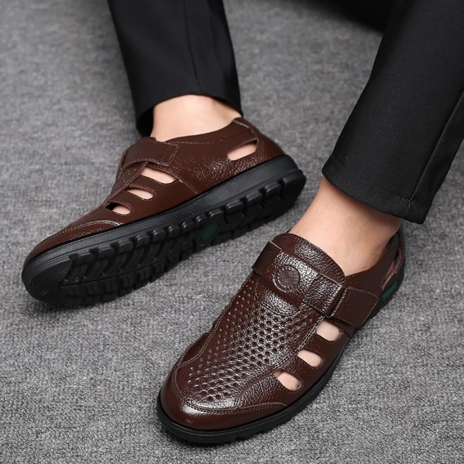 Mens Leather Shoes, Hollow Sandals Genuine Leather Breathable Soft Bottom Low Top Round Toe Business Casual Beach Shoes, 44 EU,Brown