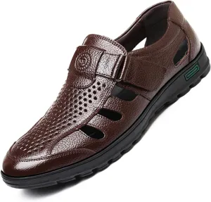 Mens Leather Shoes, Hollow Sandals Genuine Leather Breathable Soft Bottom Low Top Round Toe Business Casual Beach Shoes, 44 EU,Brown