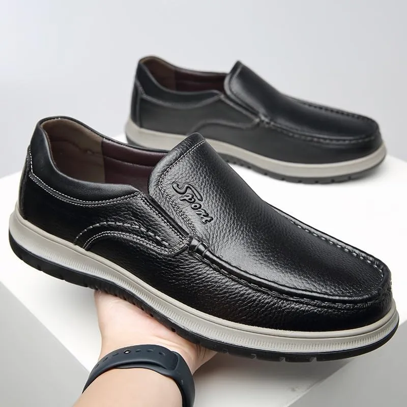 Men's Leather Shoes Slip-on Lightweight Casual Sport Shoes Breathable Non-Slip Flat Handmade Stitching Daily Wear Stylish Trendy Versatile Shoes