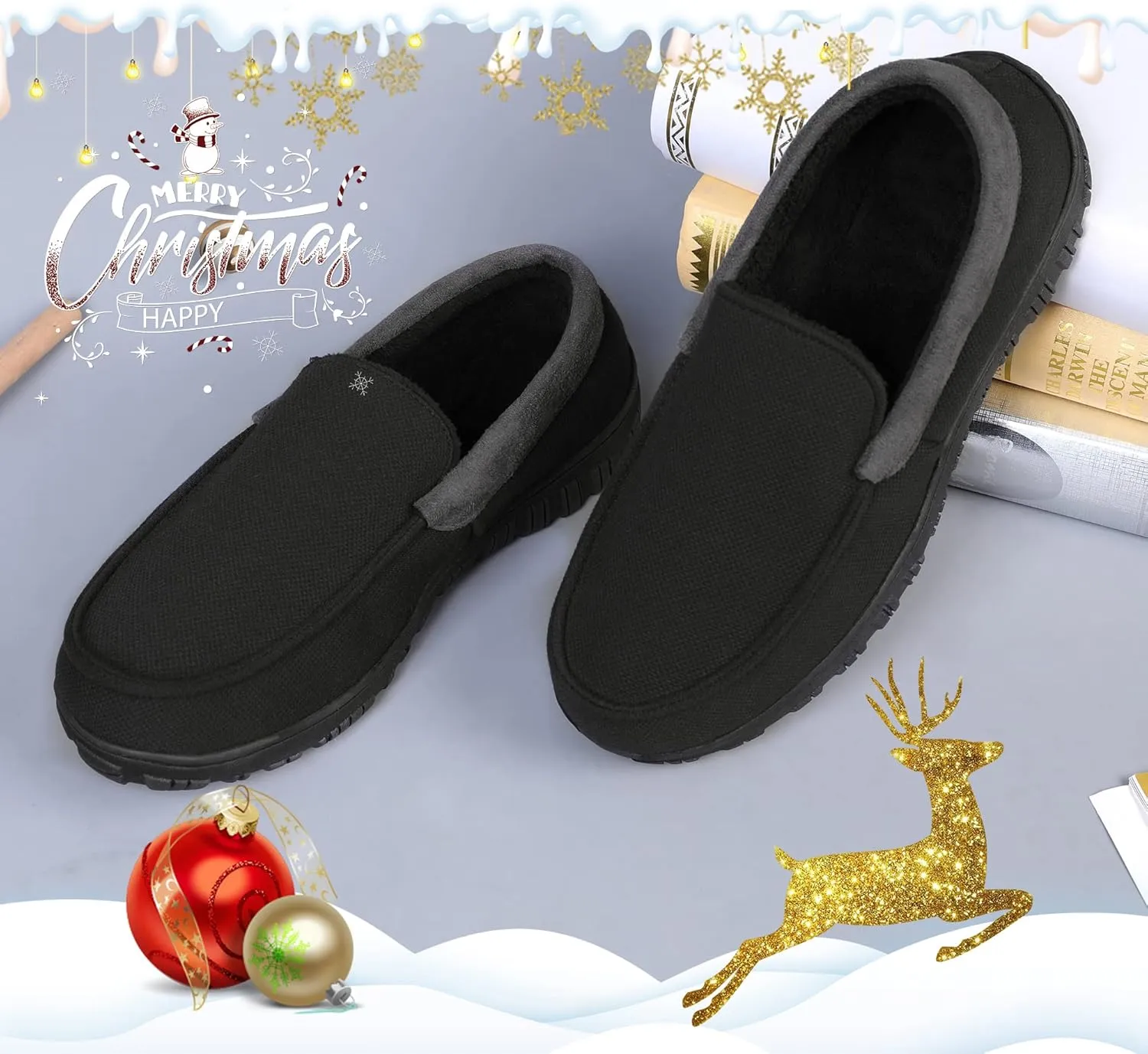 Mens Moccasin Slippers Indoor Outdoor Size Nonslip Memory Foam Shoes with Rubber Bottom