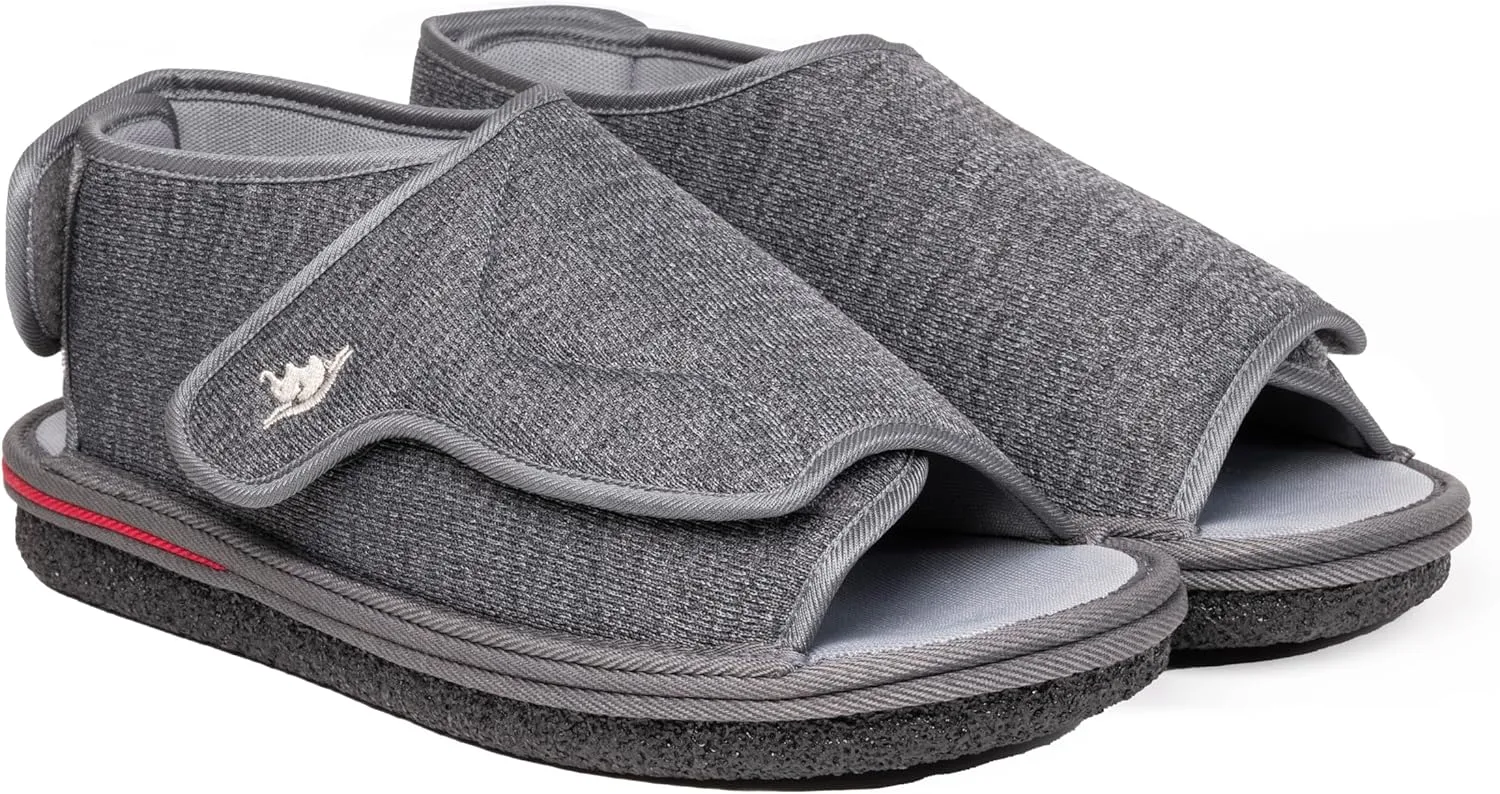 Men's Open Toe Foam Wide Diabetic Slippers Hook & Loop Closure Non-Slip Rubber Sole Flexible Orthotic Slippers Indoor/Outdoor Adjustable Soft Breathable, Grey 11
