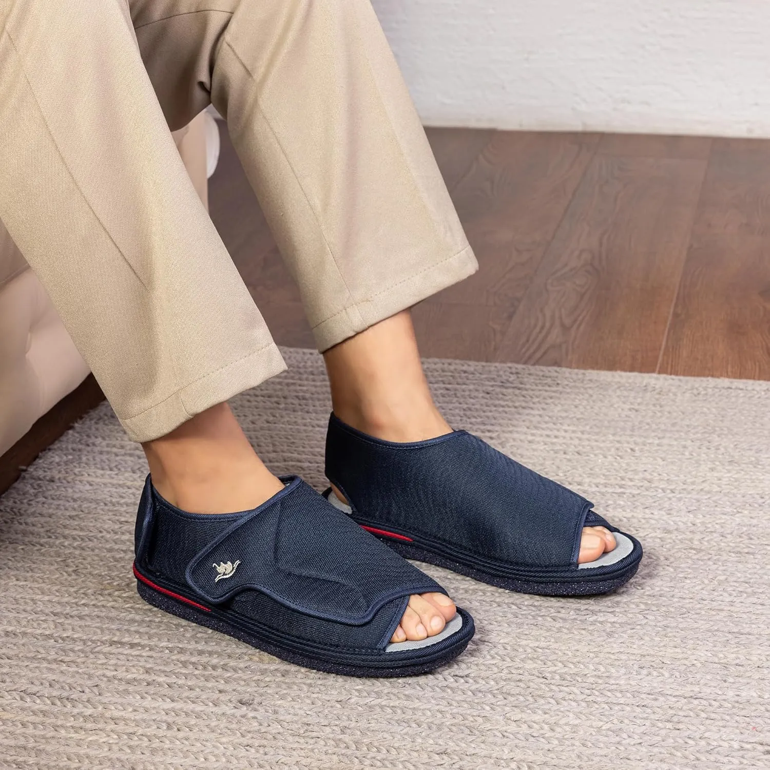 Men's Open Toe Foam Wide Diabetic Slippers Hook & Loop Closure Non-Slip Rubber Sole Flexible Orthotic Slippers Indoor/Outdoor Adjustable Soft Breathable