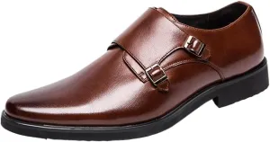 Men's Oxford Dress Shoes, Slip-On Pointed Toe Leather, Solid Color Cap Toe Low Top Block Heel Non-Slip Rubber Sole for Party & Business
