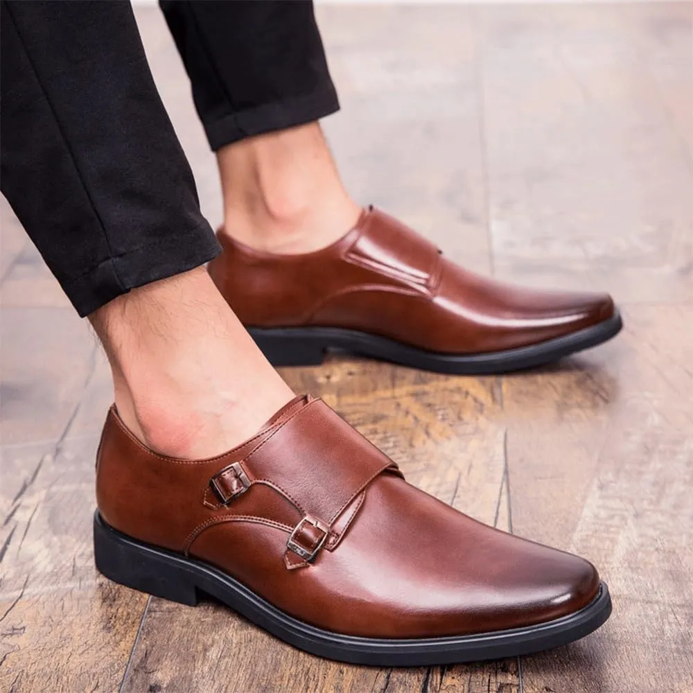 Men's Oxford Dress Shoes, Slip-On Pointed Toe Leather, Solid Color Cap Toe Low Top Block Heel Non-Slip Rubber Sole for Party & Business