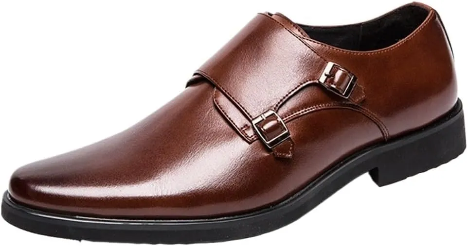 Men's Oxford Dress Shoes, Slip-On Pointed Toe Leather, Solid Color Cap Toe Low Top Block Heel Non-Slip Rubber Sole for Party & Business