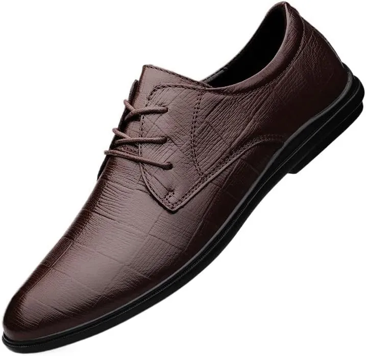 Mens Oxford Shoes Non-Slip Rubber Flat Dress Shoes for Men Wedding Fashion Pointed Toe Lace Up Business Tuxedo Shoes(Brown,9)